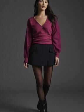 Anthropologie Fuchsia Pink Wrap Front Lace-Sleeve Sweater Top - Size - XS